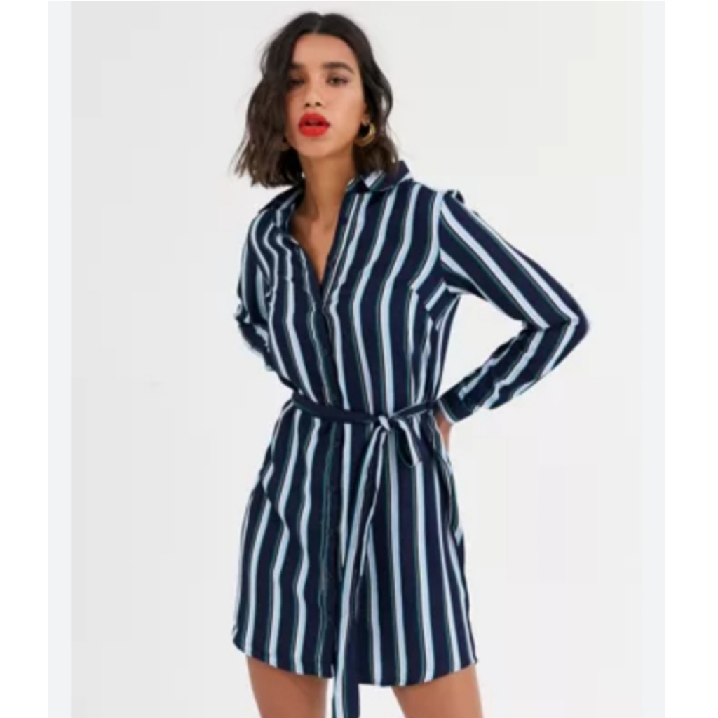 Tommy Hilfger Women Navy Long Sleeve Striped Shirt Dress Size Xxs